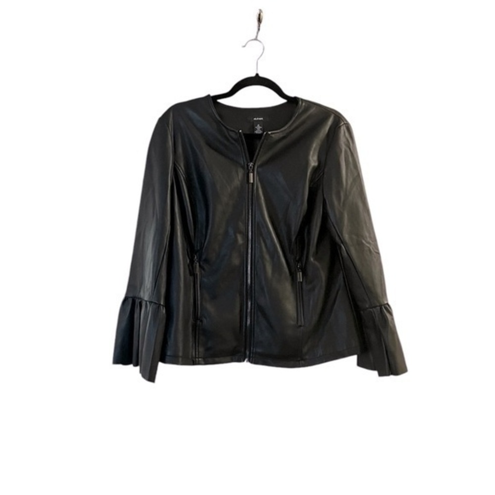 NWT ALFANI black faux leather round neck zipper jacket with ruffled wrists, M